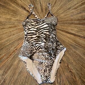 Calvin Klein animal print brown white one piece swimsuit 10 crisscross high cut